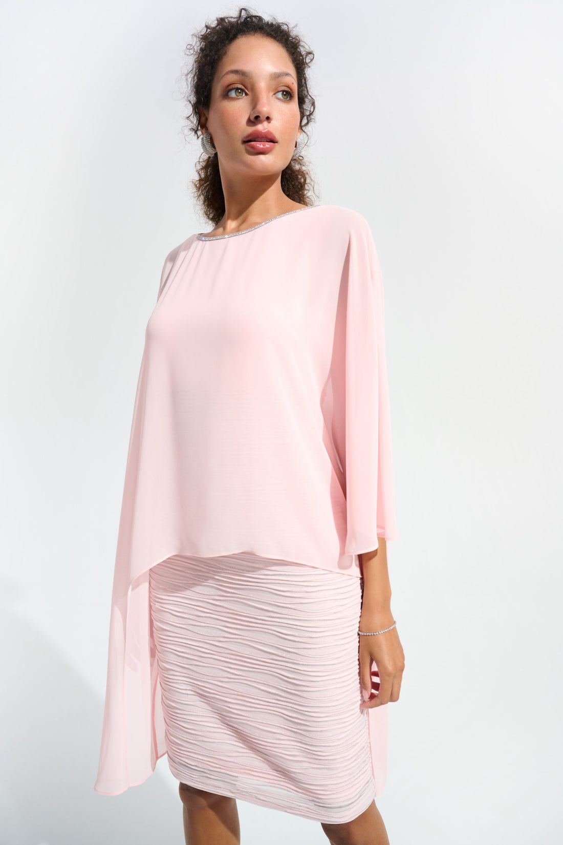 Cascade Knit Sheath Dress With Chiffon Poncho Overlay | Occasion Dress Australia