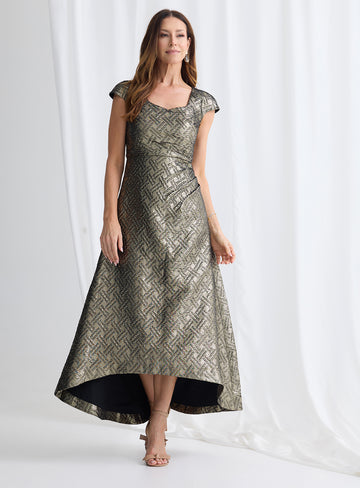 Black and gold metallic jacquard hi-lo dress Australia