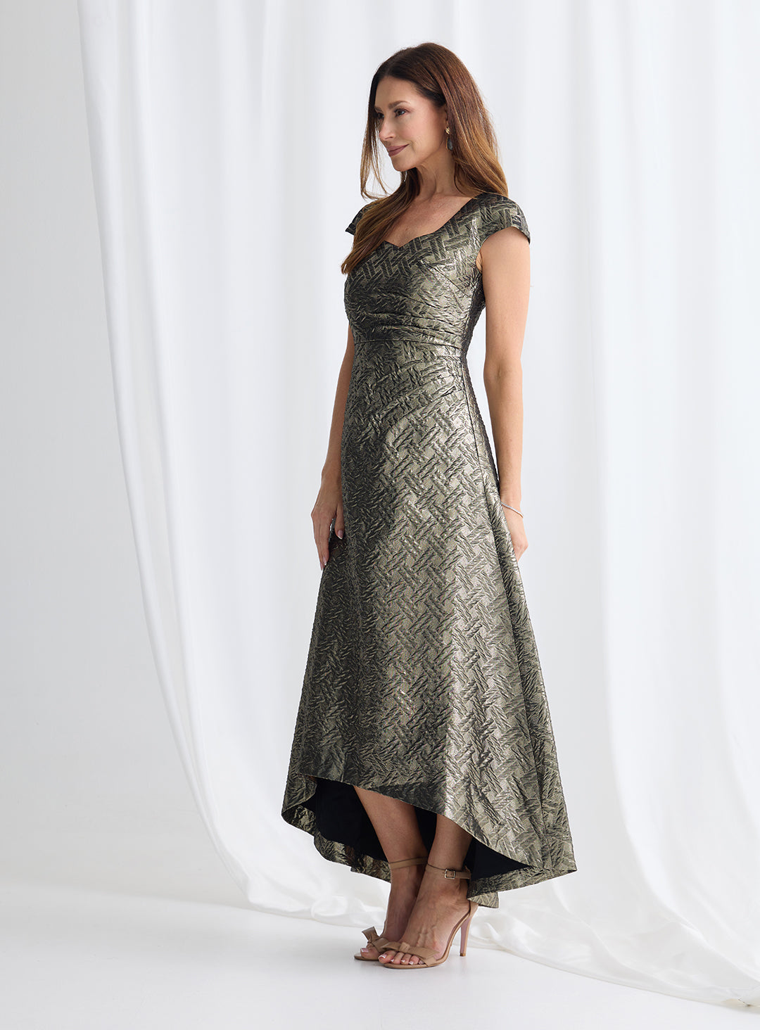 Elegant black gold jacquard dress hi-lo hem