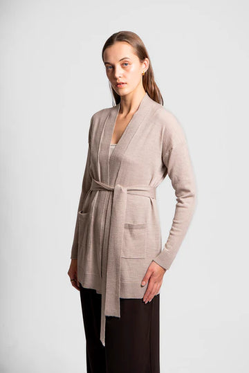 womens oatmeal longline cardigan with belt lightweight knit cardigan front view Australia Showies Boutique