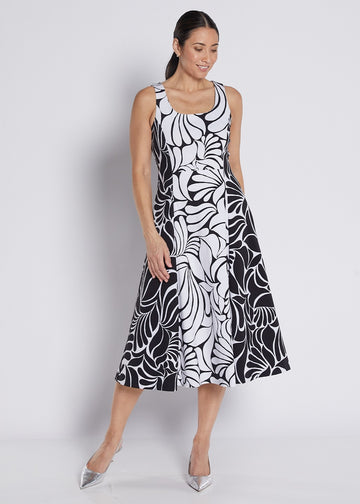 Black & White Abstract Floral Midi Dress – Elegant Flare Fit