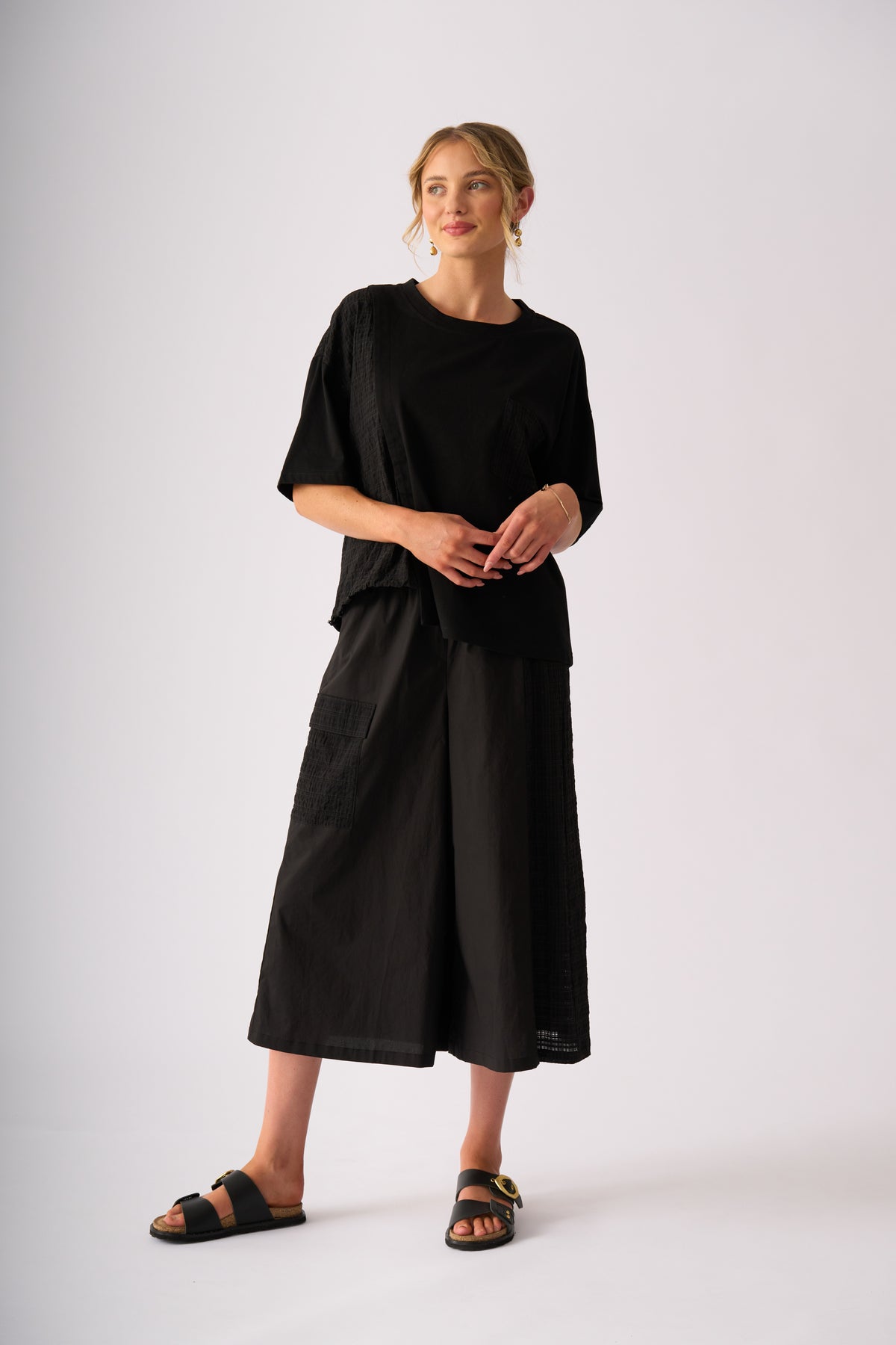 Black Textured Panel Wide-Leg Pants
