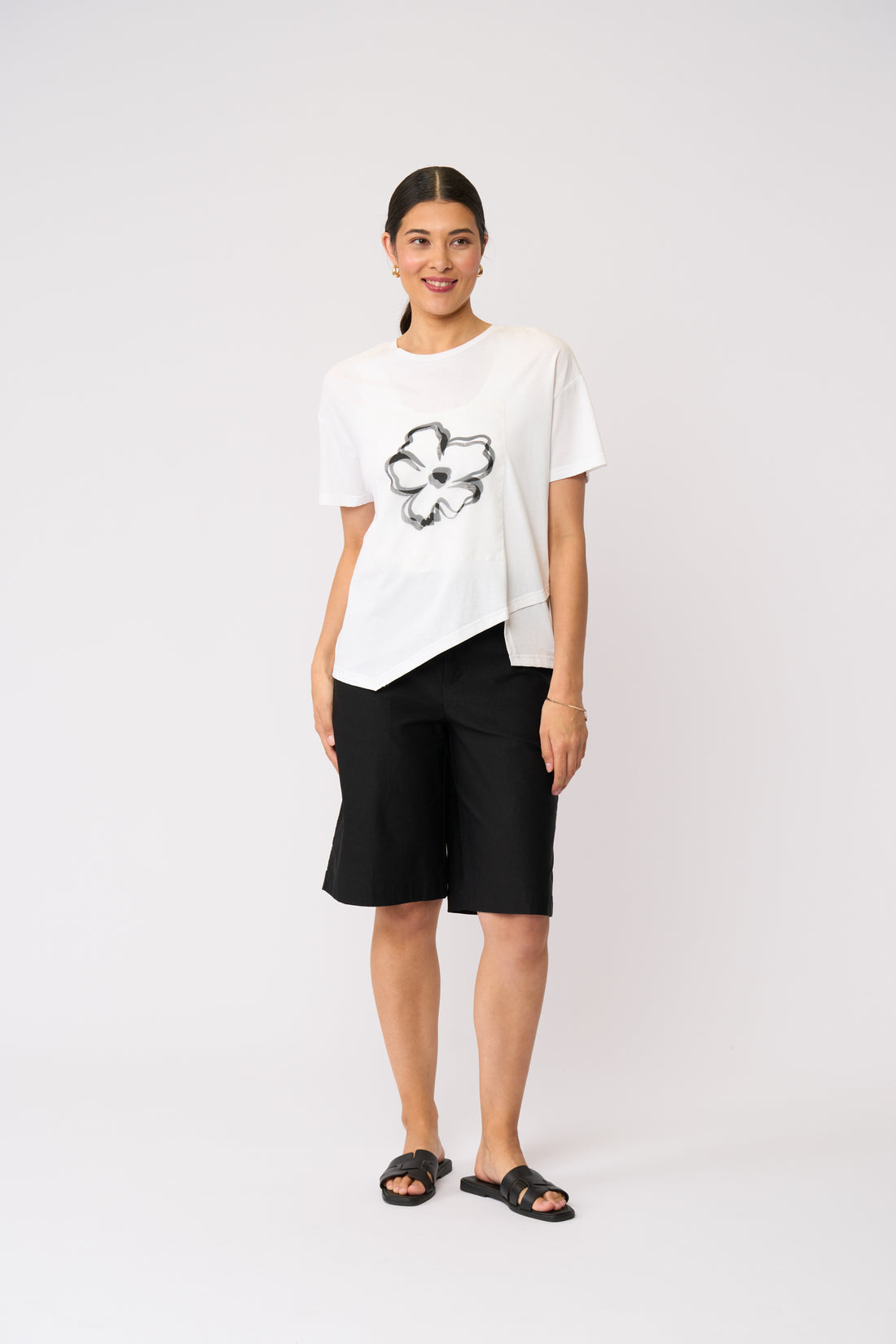 White Floral Print Asymmetric Top