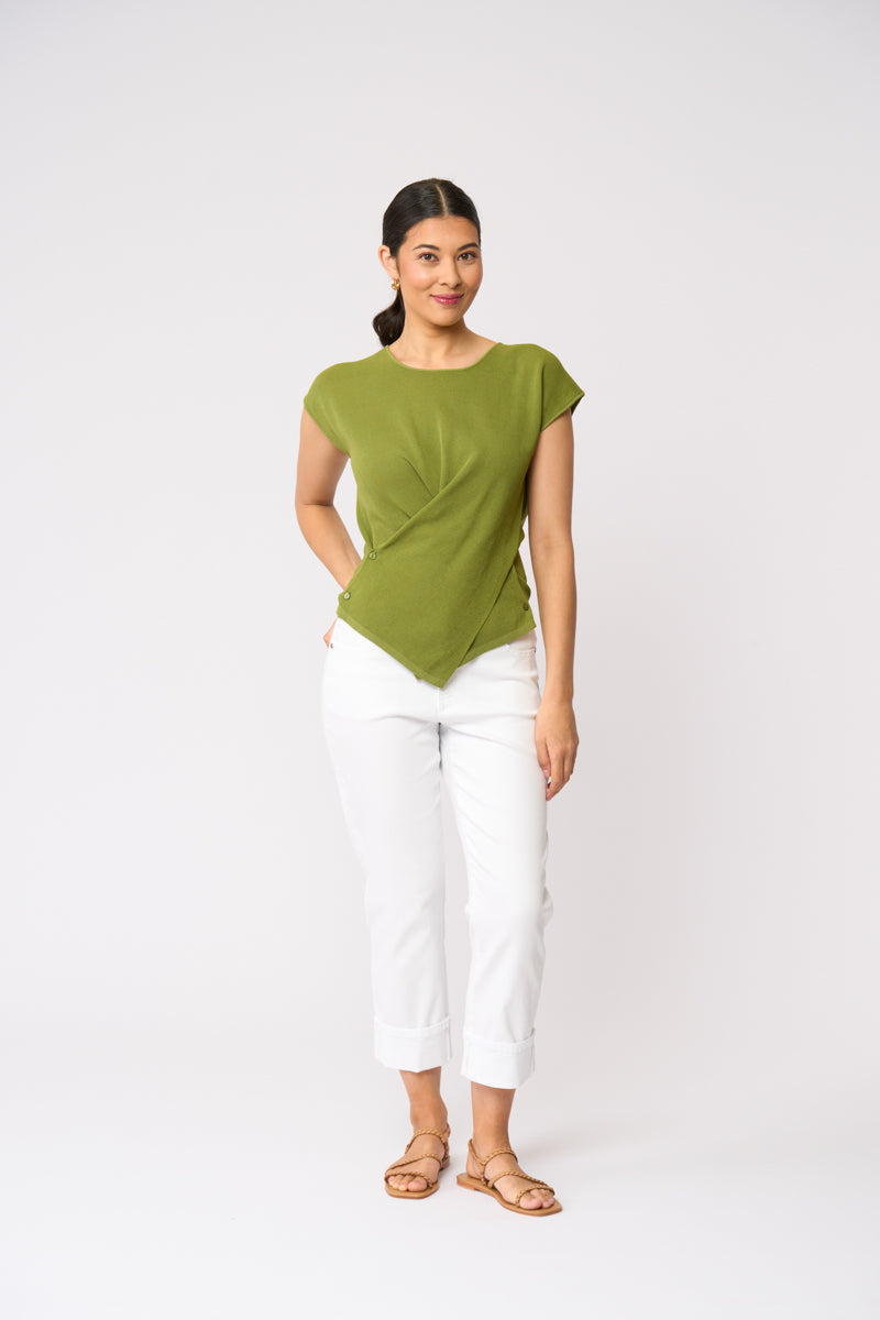 Herb Green Twist-Front Short Sleeve Top