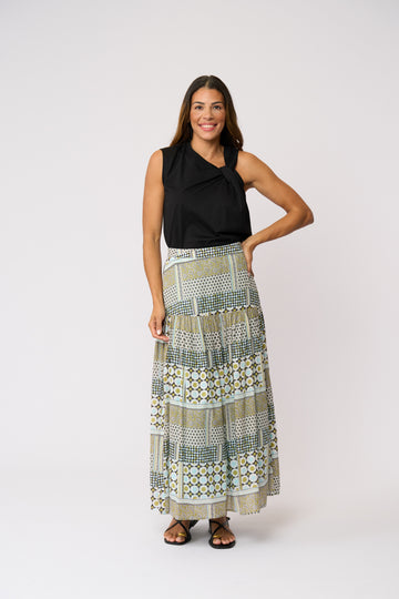 Patchwork Print Tiered Maxi Skirt