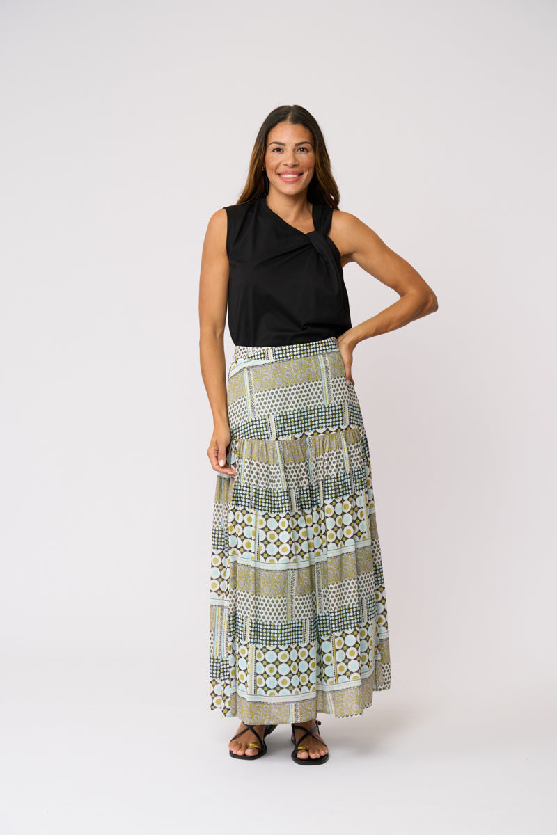Patchwork Print Tiered Maxi Skirt