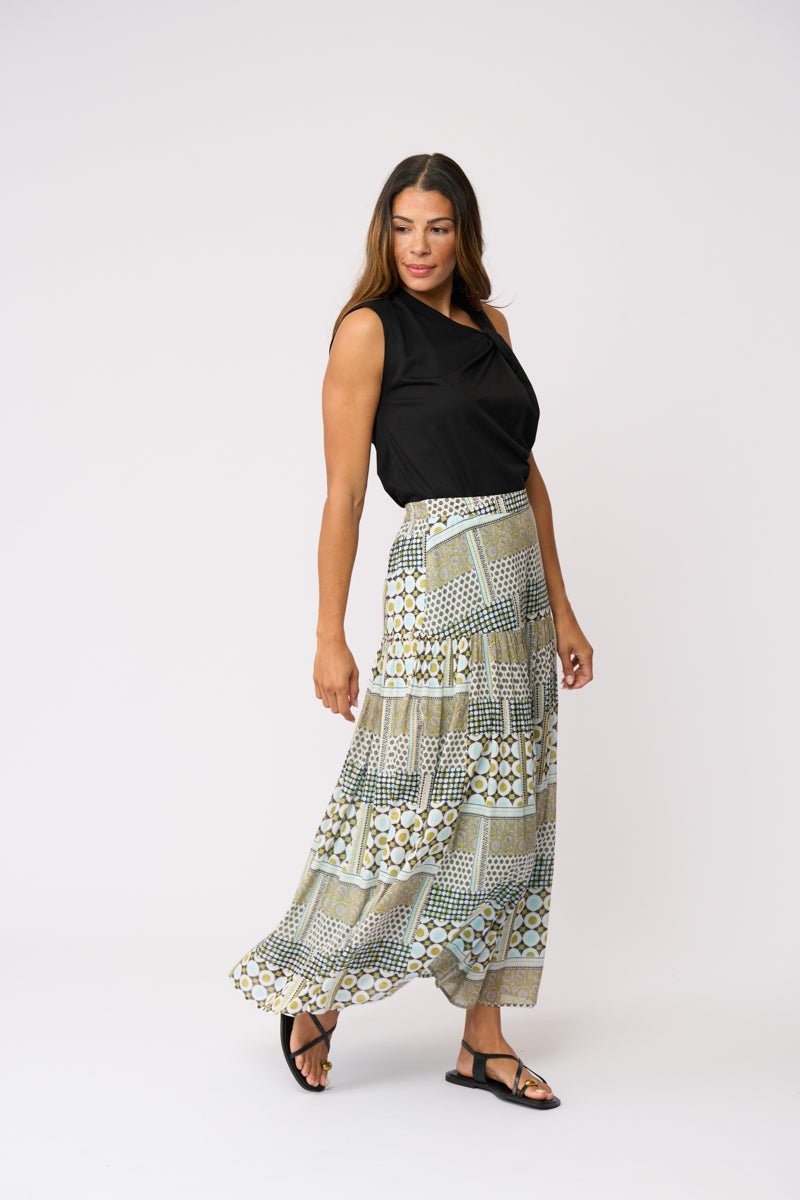 Patchwork Print Tiered Maxi Skirt