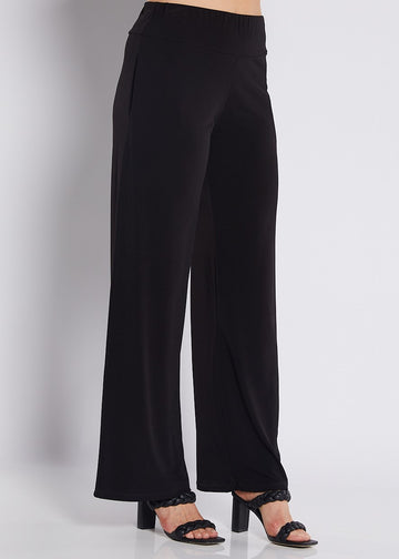 Black high-rise wide-leg women’s pants with a clean tailored silhouette.