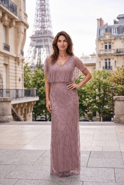 Dusty rose embellished floor-length gown with elegant V-neckline.