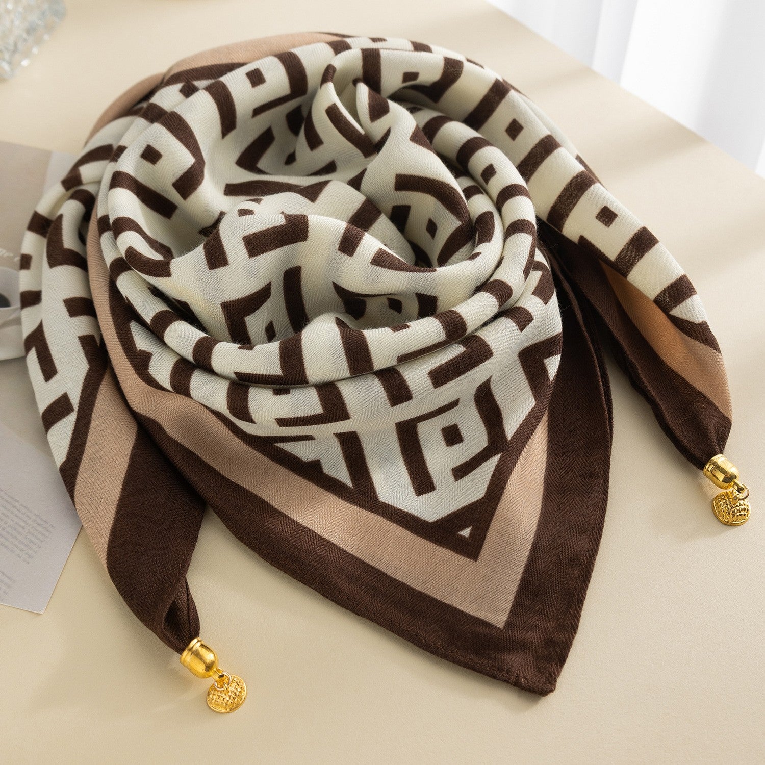 women printed scarf brown beige geometric pattern lightweight accessory Australia Showies Boutique