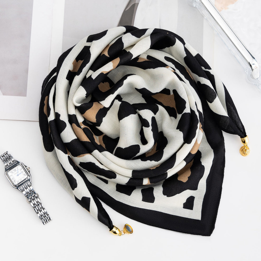 women printed scarf black beige abstract pattern lightweight accessory Australia Showies Boutique