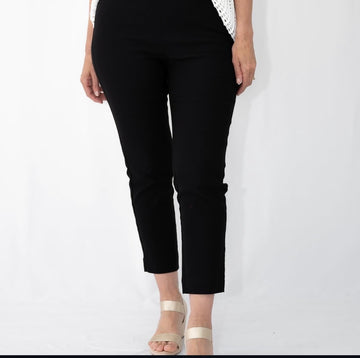 Women’s black cropped straight-leg pants with sandals