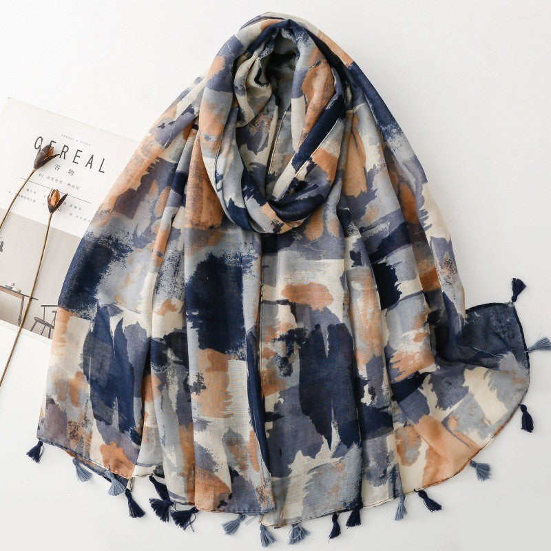 lightweight polka dot scarf navy rust cream tassel scarf women breathable fashion scarf Australia