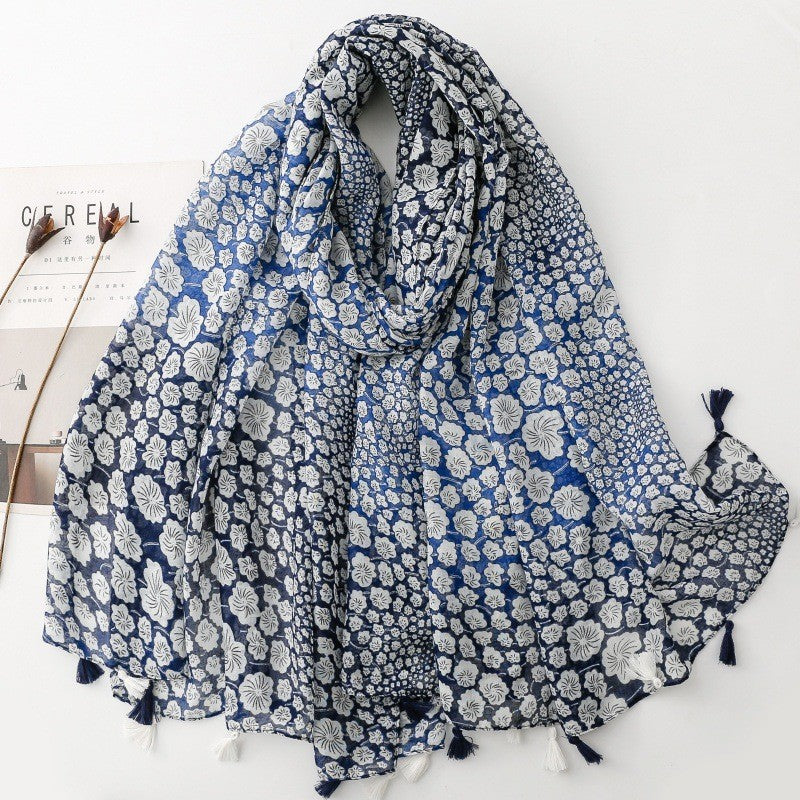 abstract print lightweight scarf navy beige rust tassel scarf women soft drape fashion accessory