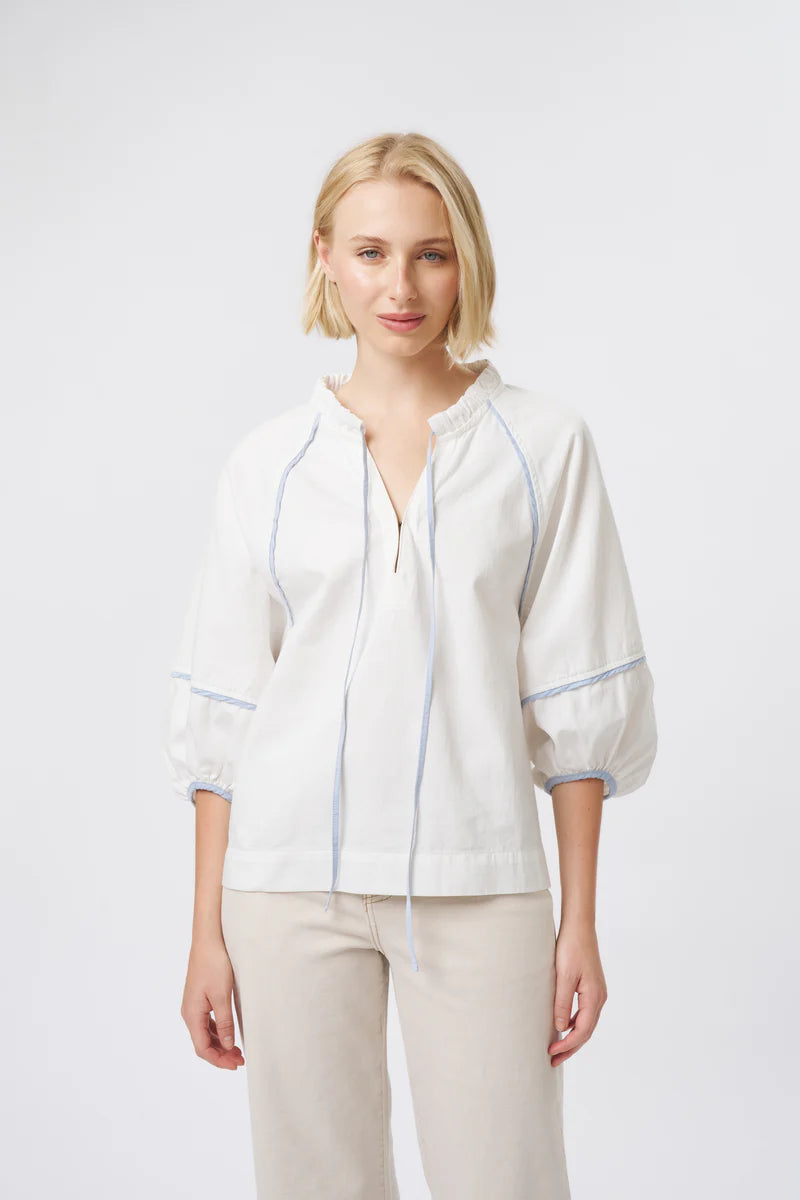 White Puff Sleeve Tie-Neck Blouse with Contrast Trim Detail | Elegant Puff Sleeve Blouse Australia