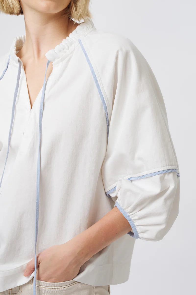 White Puff Sleeve Tie-Neck Blouse with Contrast Trim Detail | Elegant Puff Sleeve Blouse Australia