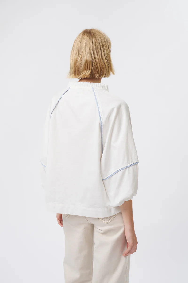 White Puff Sleeve Tie-Neck Blouse with Contrast Trim Detail | Elegant Puff Sleeve Blouse Australia
