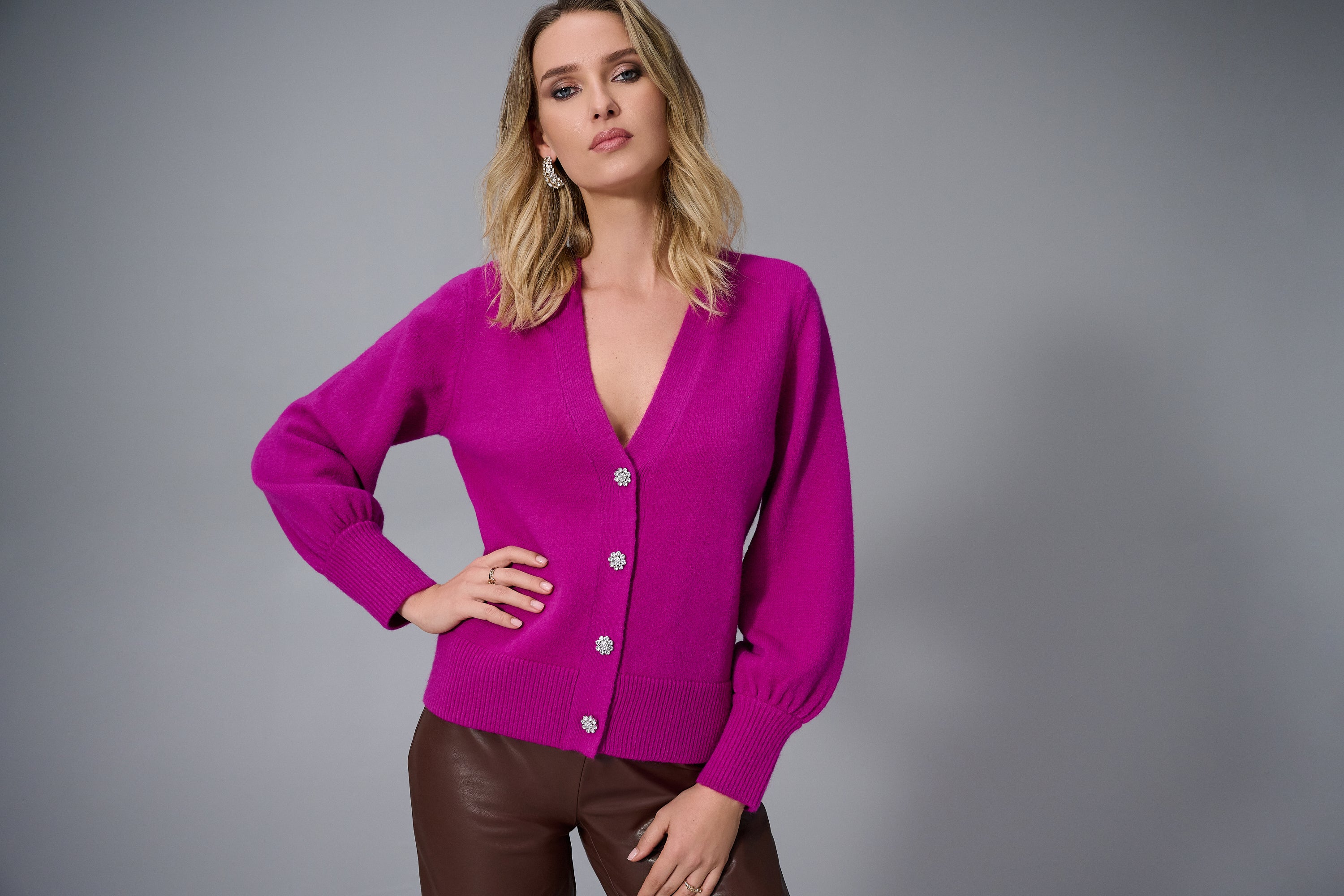 Fuchsia knit cardigan diamante buttons V neck Australia