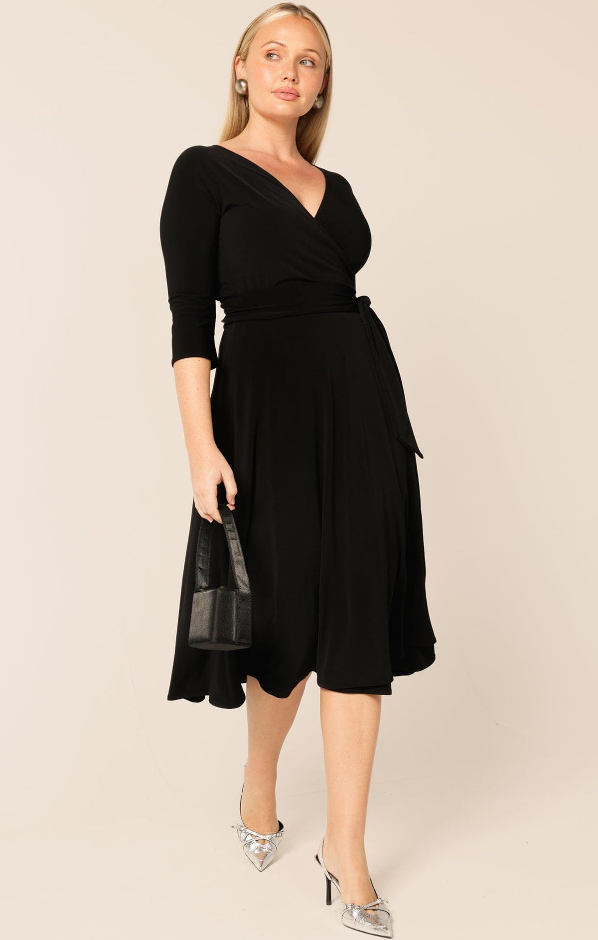 3/4 Sleeve Reverse Wrap Midi Dress In Black by Sacha Drake - image 3