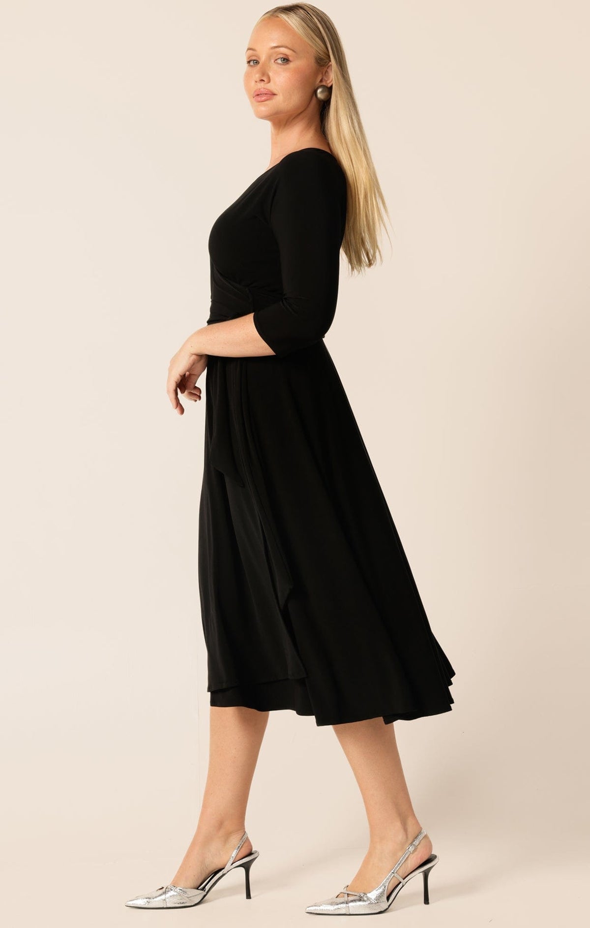 3/4 Sleeve Reverse Wrap Midi Dress In Black by Sacha Drake - image 8