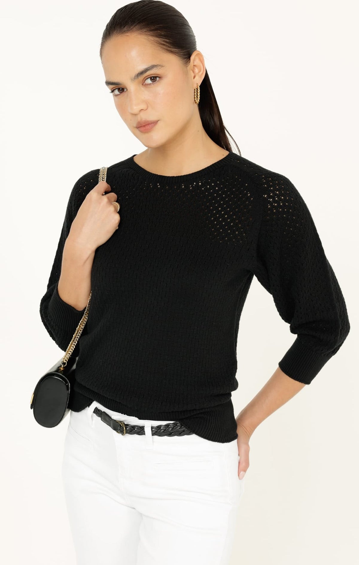 3/4 Sleeve Ripple Knit Top In Black by Sacha Drake