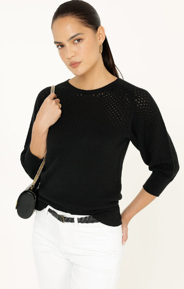 3/4 Sleeve Ripple Knit Top In Black by Sacha Drake