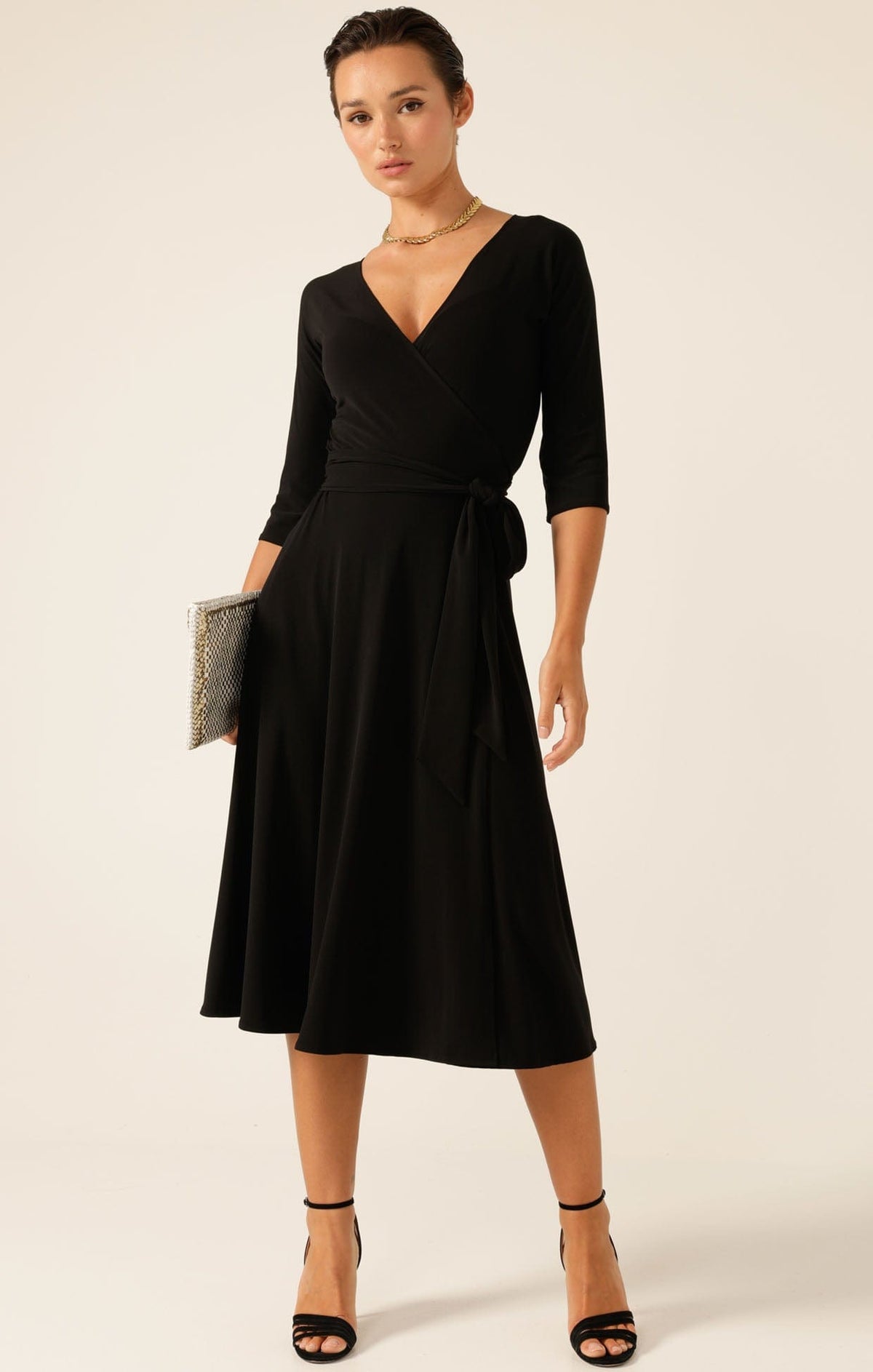 3/4 Sleeve Reverse Wrap Midi Dress In Black by Sacha Drake - image 4