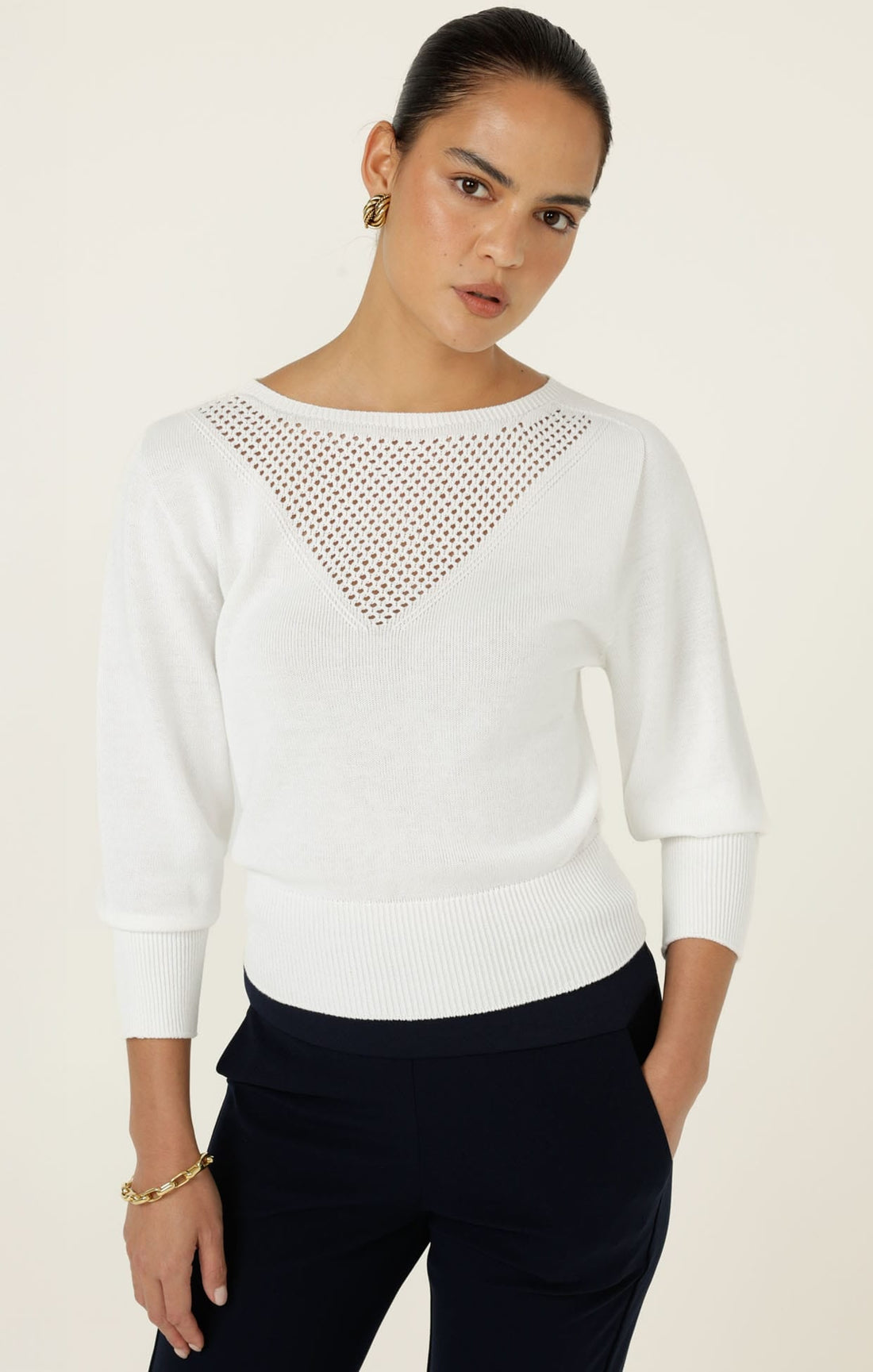 Chloe 3/4 Sleeve Knit Top In White by Sacha Drake