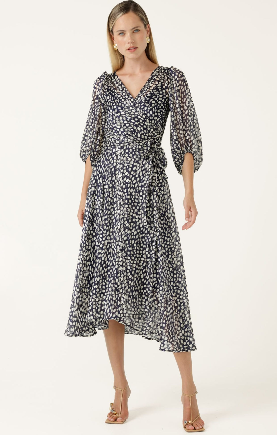 Cloudland Wrap Dress In Navy White Spot by Sacha Drake