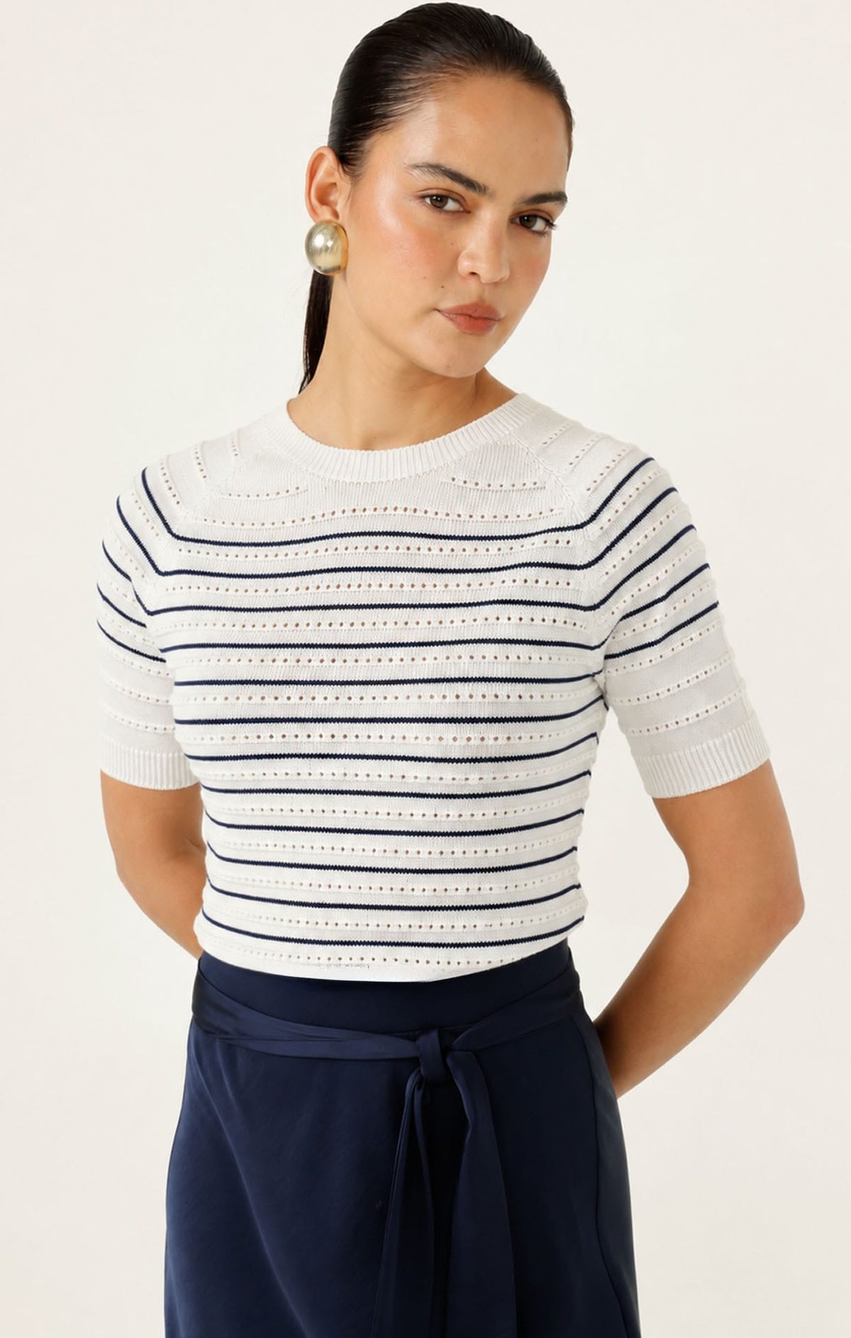 Eyelet Stripe Knit Top In White And Navy by Sacha Drake - image 4