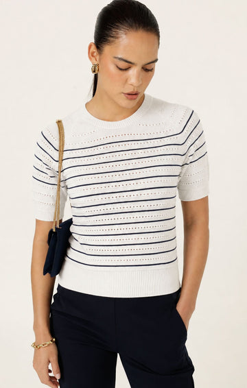 Eyelet Stripe Knit Top In White And Navy by Sacha Drake