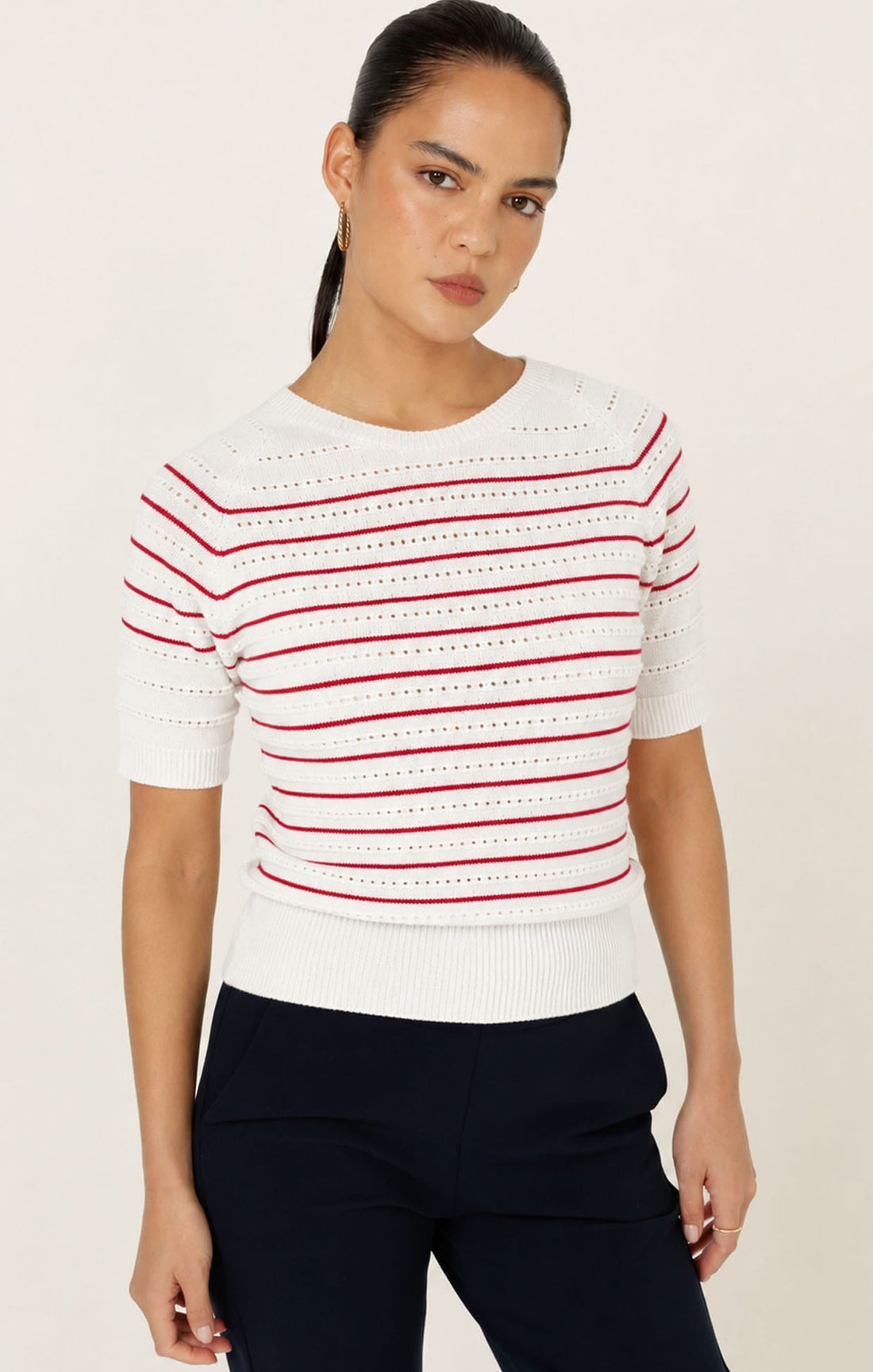 Eyelet Stripe Knit Top In White And Red by Sacha Drake