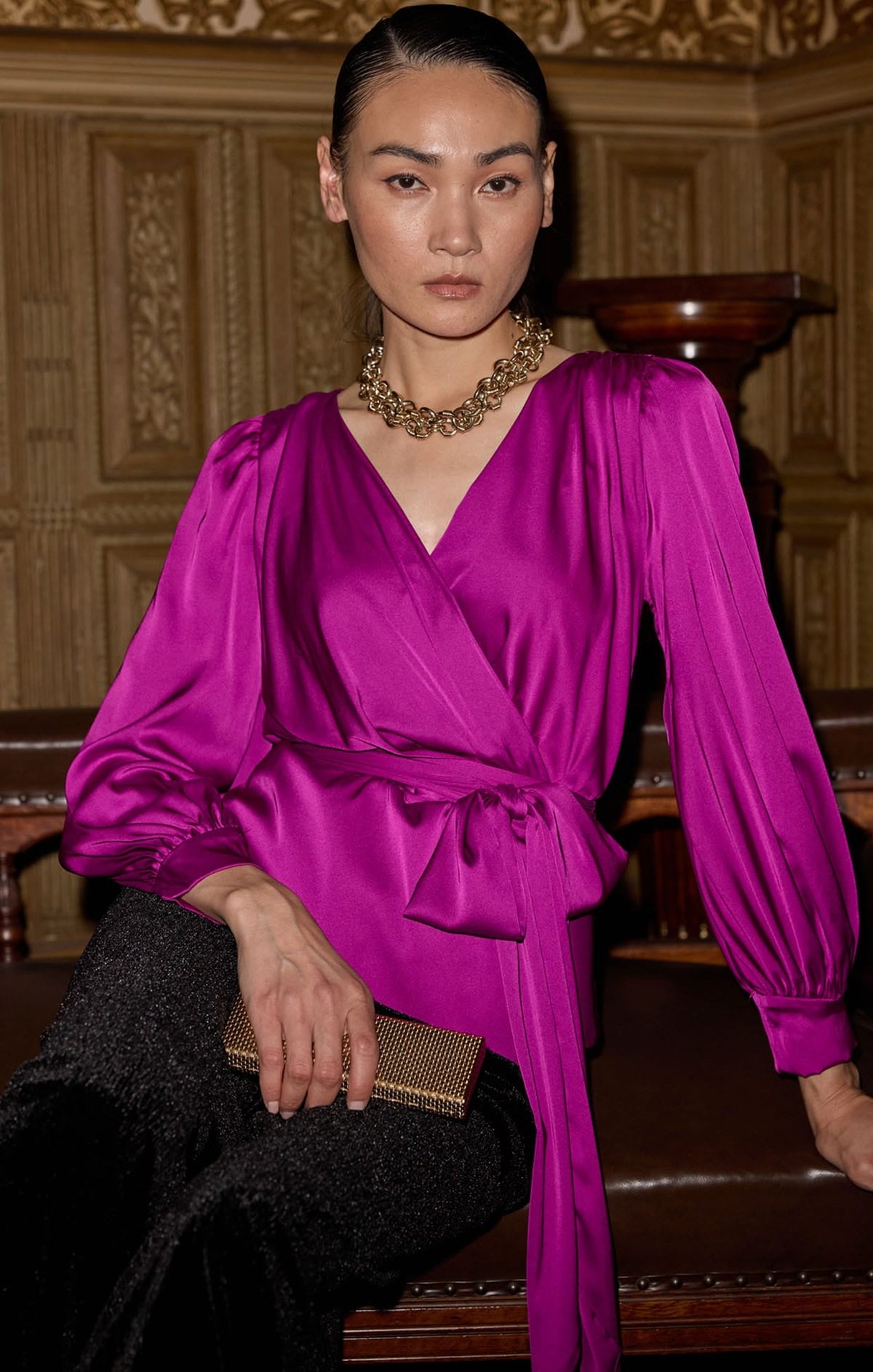 Satin Faux Wrap Top In Magenta by Sacha Drake - image 4