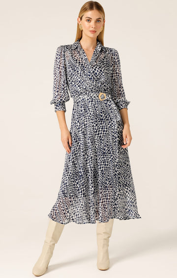Herringbone Dress In Navy White Check by Sacha Drake