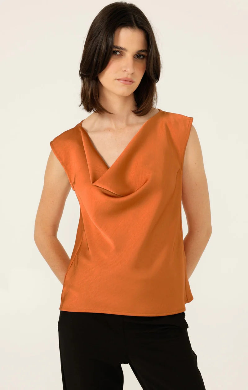 LUXE COWL BIAS TOP IN COPPER | Satin Cowl Neck Top