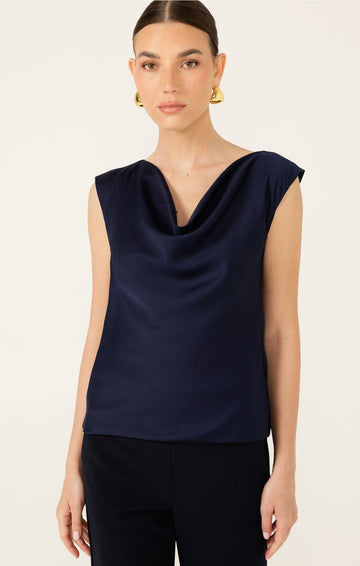 Cowl Bias Top In Navy by Sacha Drake