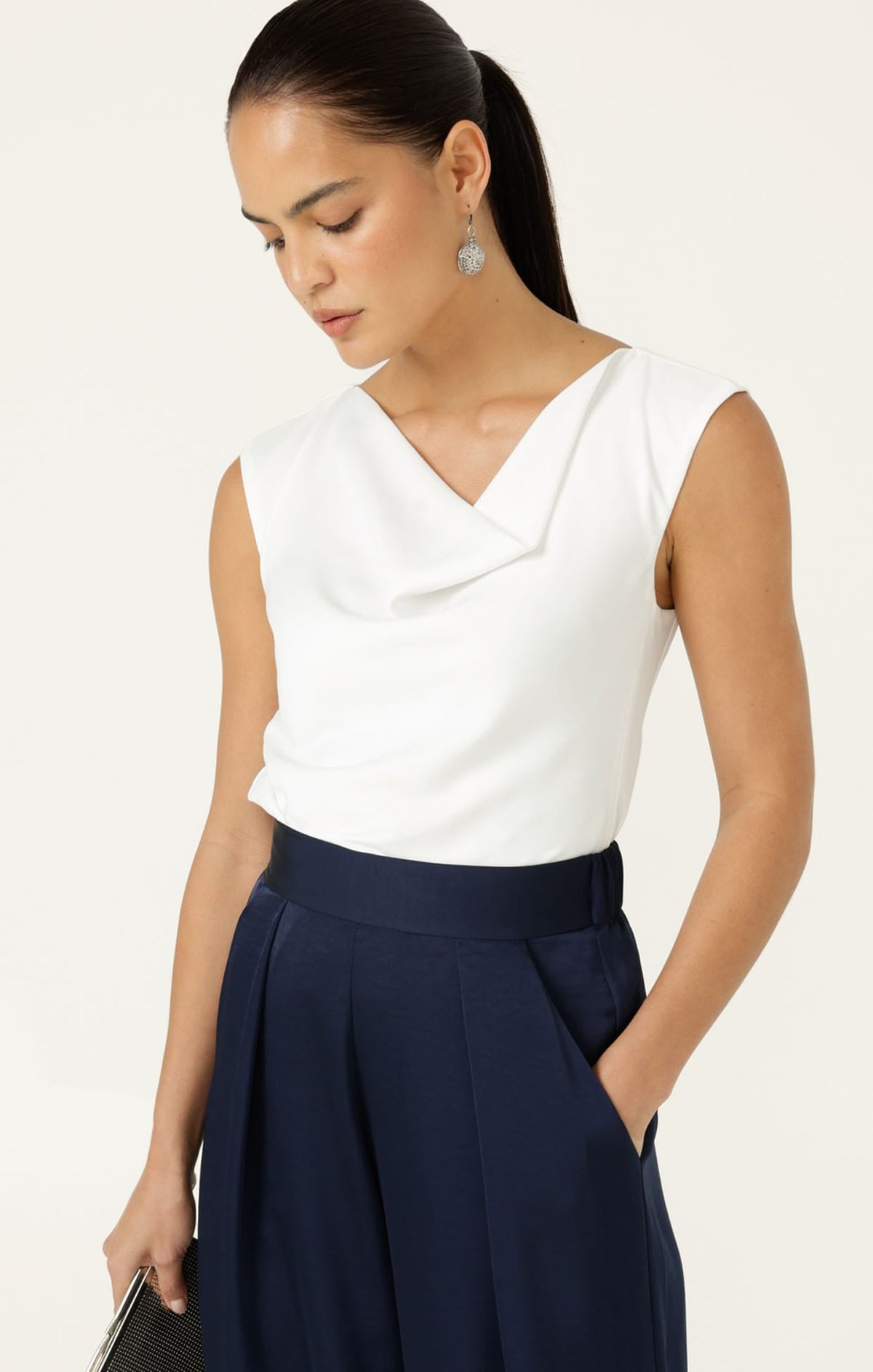Cowl Bias Top In White by Sacha Drake