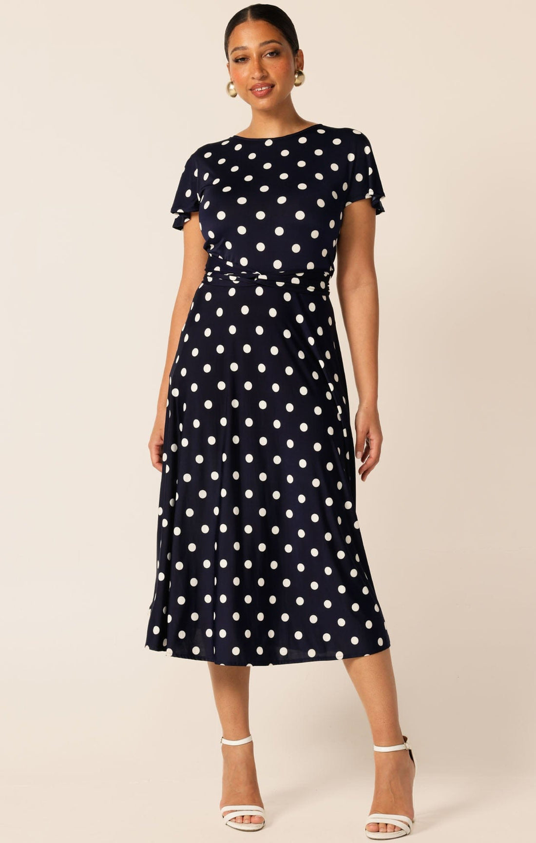 Reverse Wrap Midi Dress In Navy White Spot by Sacha Drake