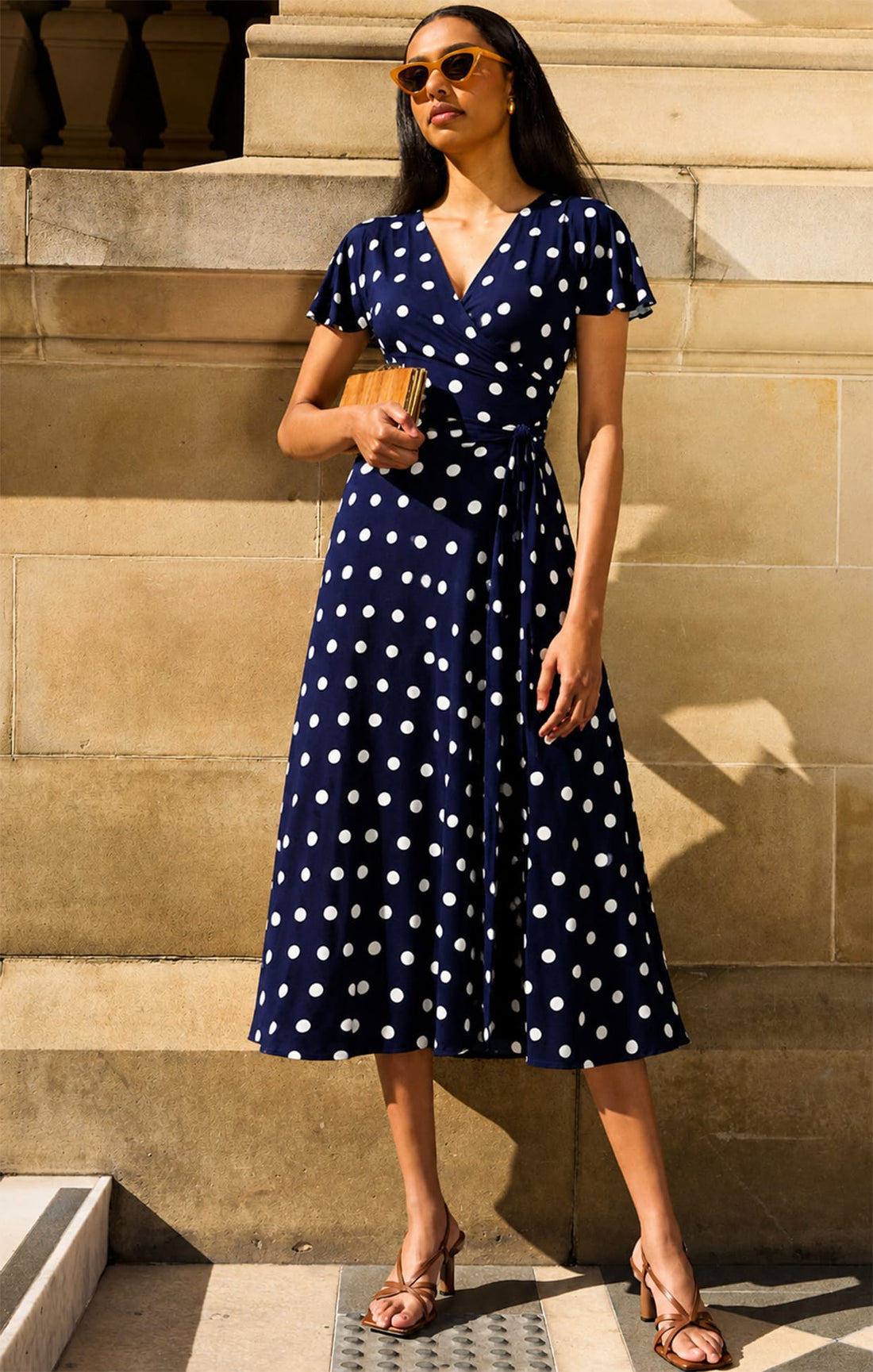 Reverse Wrap Midi Dress In Navy White Spot by Sacha Drake
