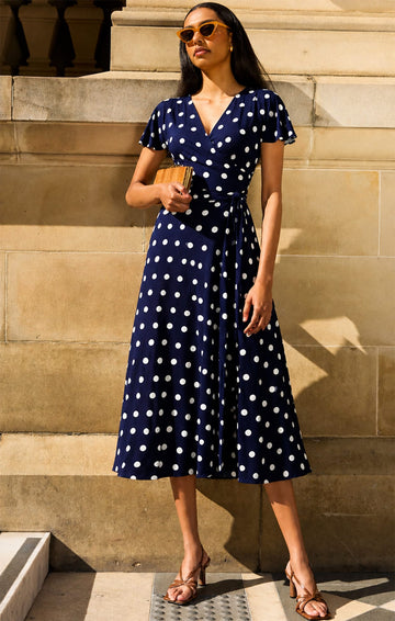 Reverse Wrap Midi Dress In Navy White Spot by Sacha Drake