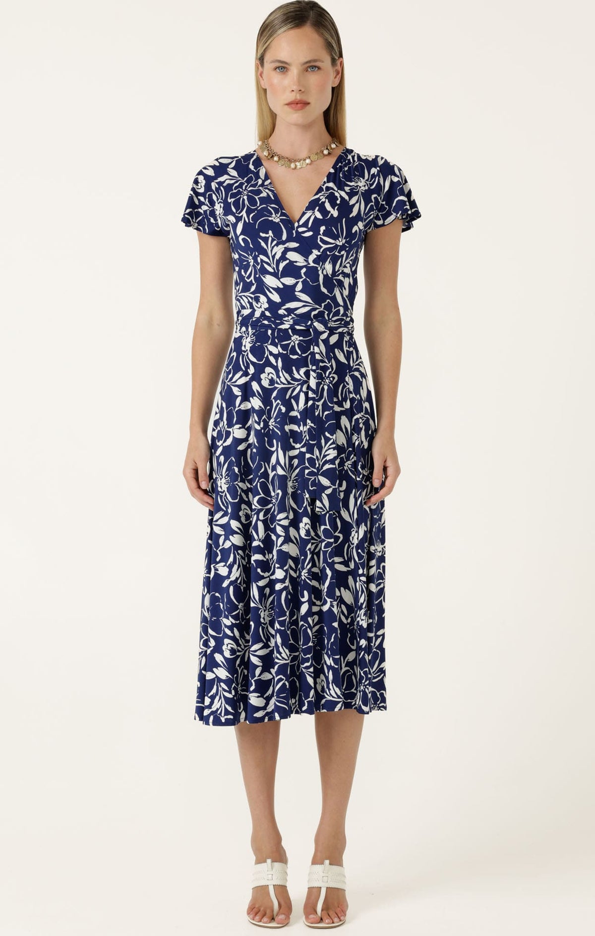 Reverse Wrap Midi Dress In Navy White Floral by Sacha Drake