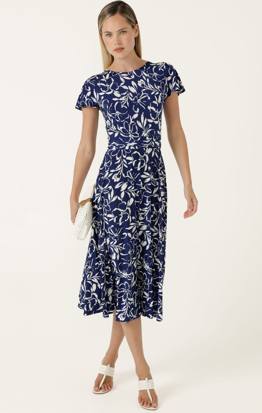 Reverse Wrap Midi Dress In Navy White Floral by Sacha Drake