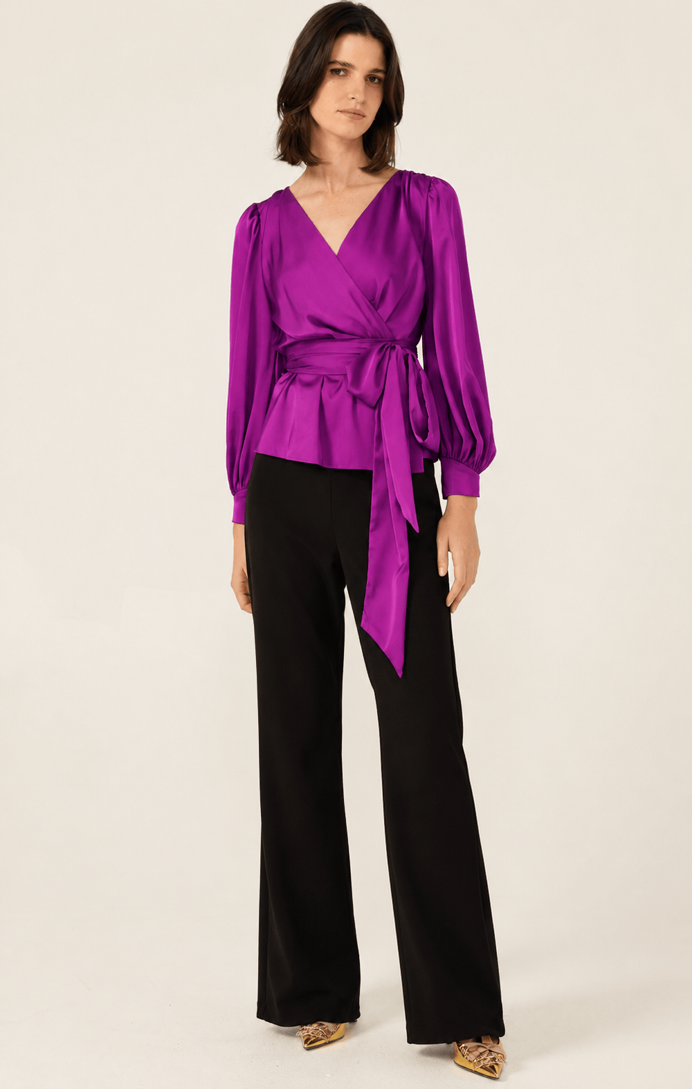 Satin Faux Wrap Top In Magenta by Sacha Drake