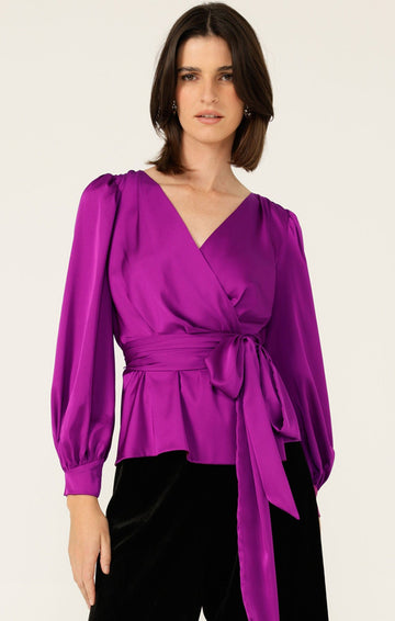 Satin Faux Wrap Top In Magenta by Sacha Drake