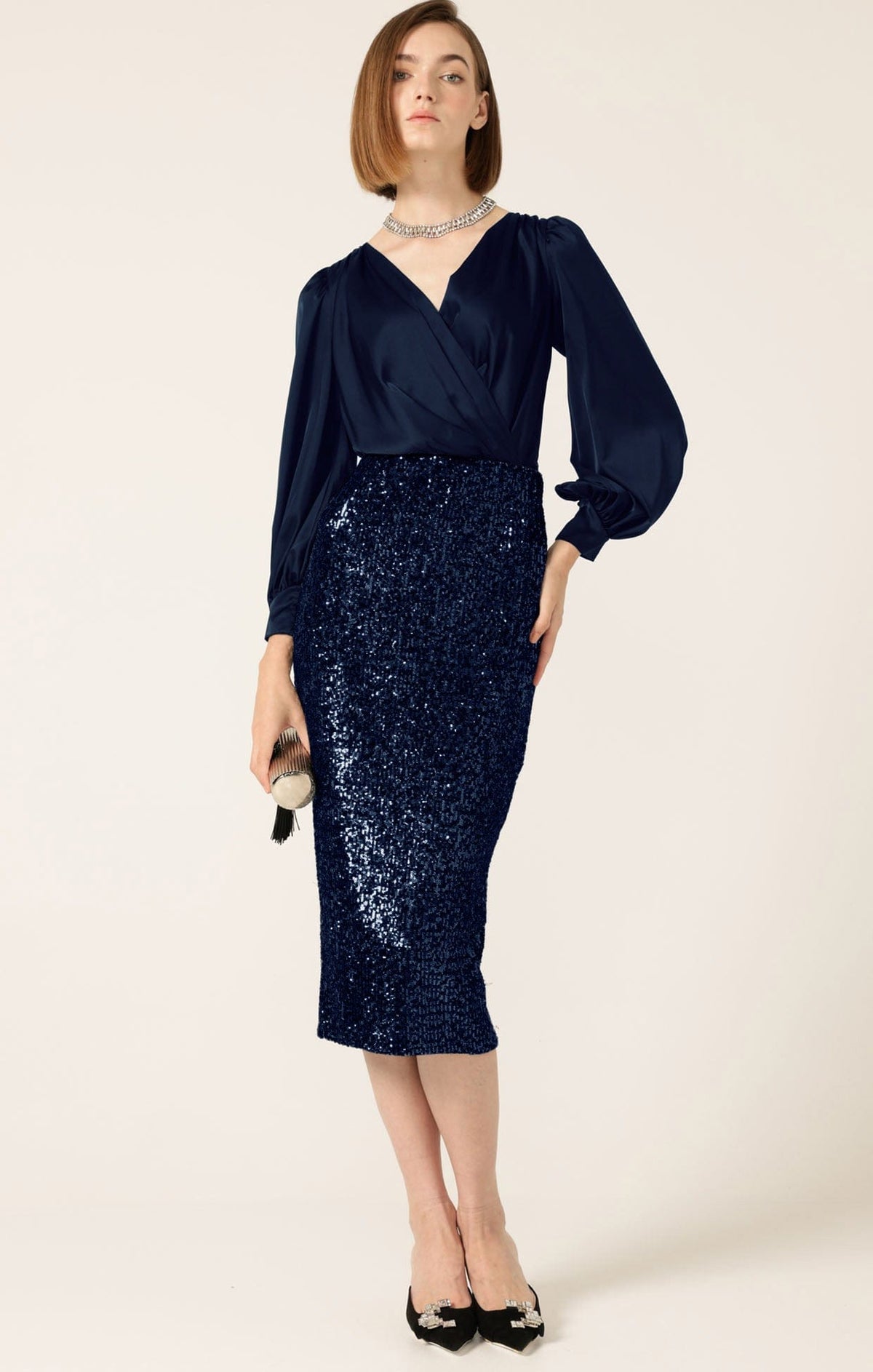 Sequin Pencil Skirt In Navy by Sacha Drake - image 3