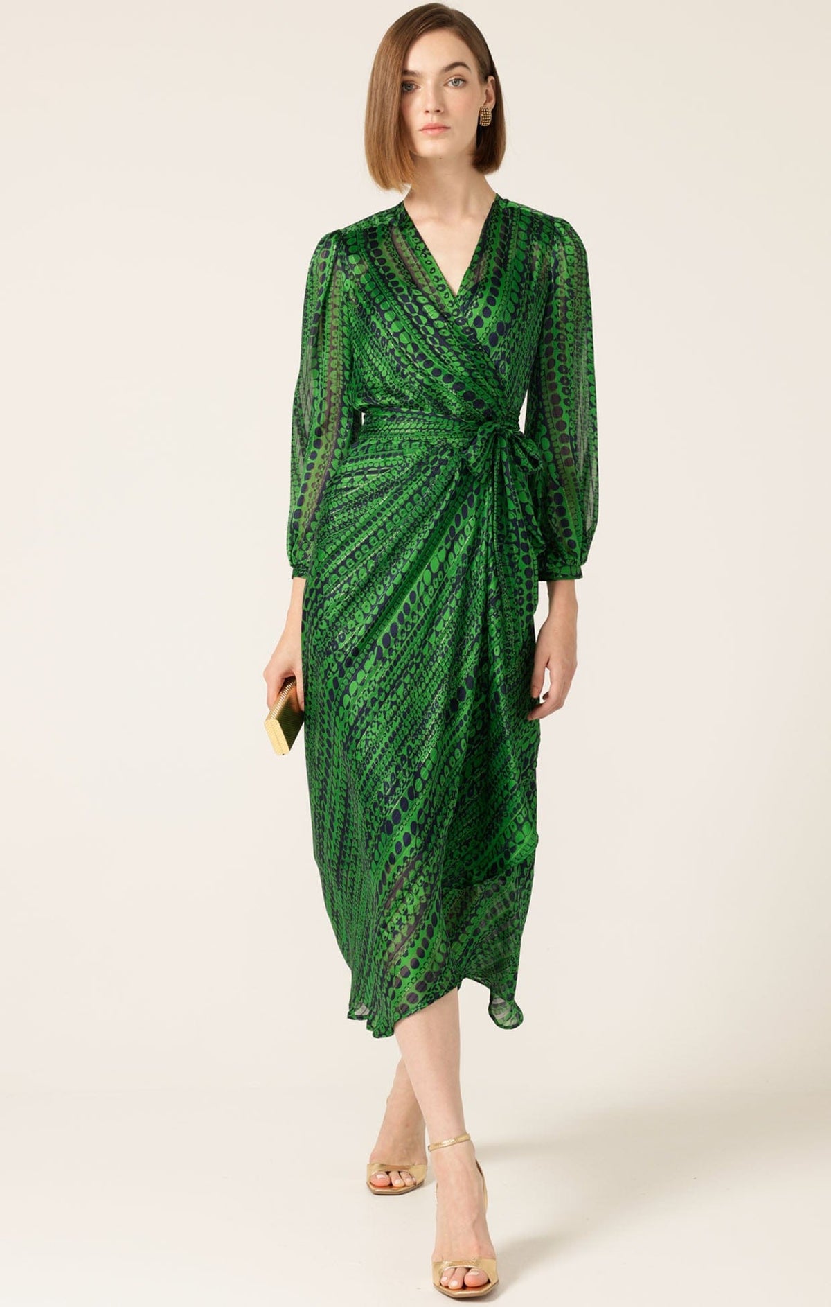 Savoir Midi Wrap Dress In Navy Green by Sacha Drake