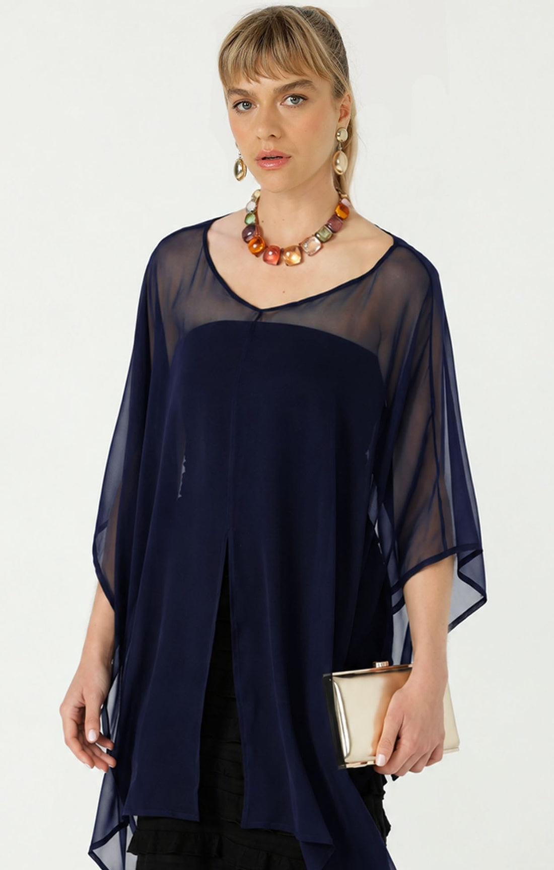 Sheer Silk Cape In Navy by Sacha Drake