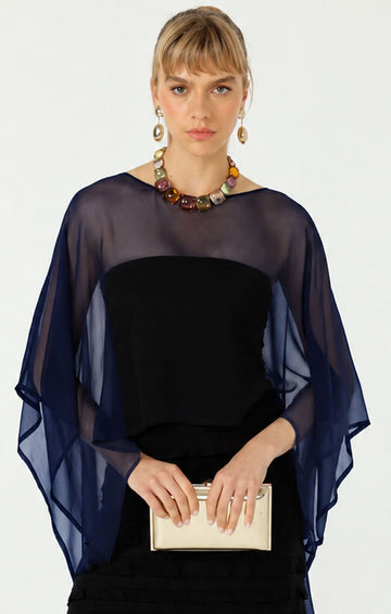 Sheer Silk Cape In Navy by Sacha Drake