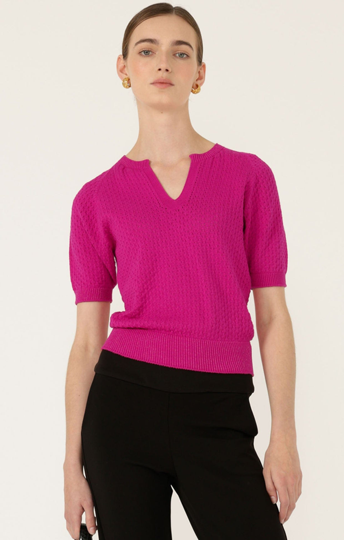 Henley Knit Top In Fuchsia by Sacha Drake