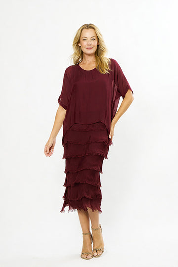 wine frayed edge silk dress women layered elegant dress lightweight flowing outfit Australia Showies Boutique